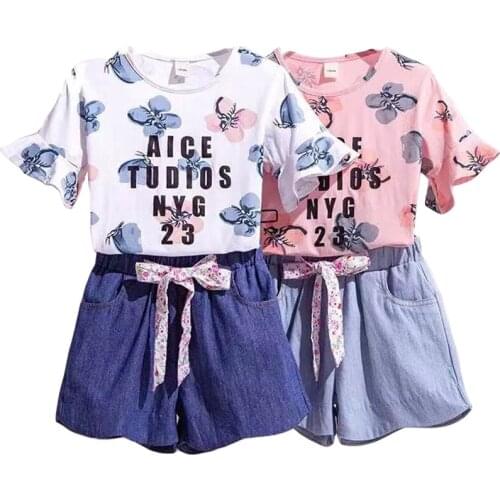 2021 Summer New Girls Clothing Set Children For Girl Clothes Butterfly Print Fashion Sweet T-shirt + Lexpert-Up Shorts 2 Set