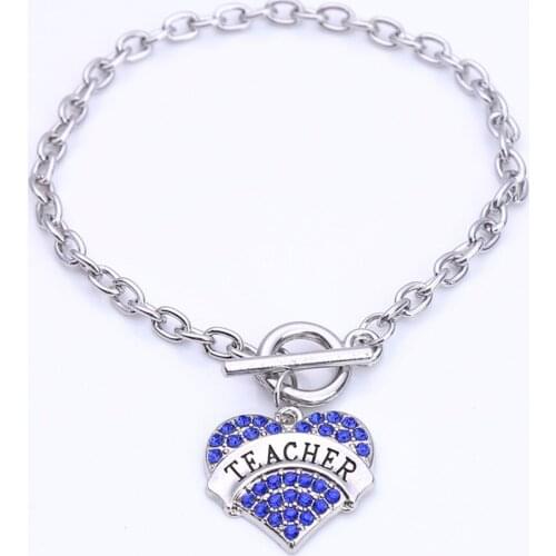New Arrival fashion rhodium plated with sparkling crystals TEACHER heart charm bracelet