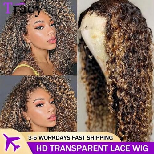 Kinky Curly Highlight Lace Front Wig Brown Colored 13X4 Ombre Lace Frontal Wig 4X4 Lace Closure Wig 9A Brazilian Human Hair Wigs