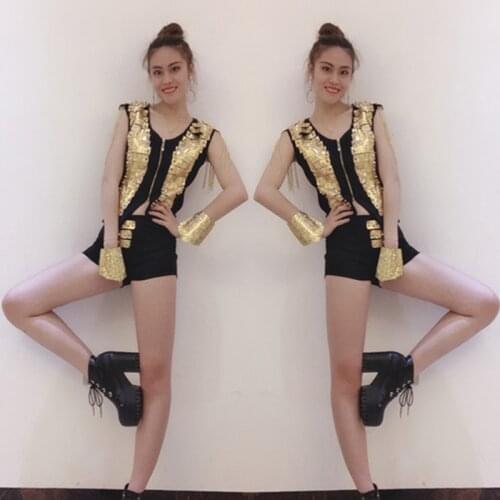 Rave Party Sexy Pole Dance Clothing Gold Sequin Tops Dance Shorts Women Nightclub DJ Stage Outfit Burning Man Dance Costume 706