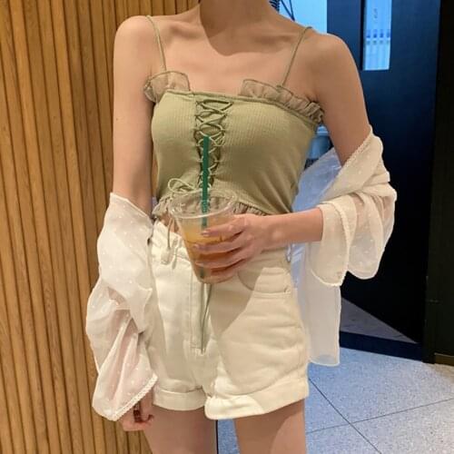 Korean Style Sexy Slim Sling Lace-up Lace Ruffles Short Tank Tops Fashion Trend Color Women\s Camisoles 2020