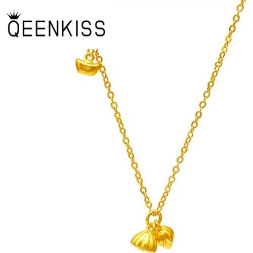 QEENKISS NC5145 Fine Jewelry Wholesale Fashion Girl Birthday Wedding Gift Vintage Lotus Seed Ingot 24KT Gold Pendant Necklace