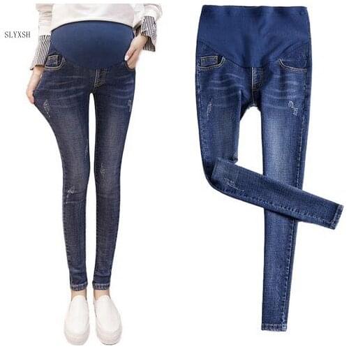 SLYXSH Spring and autumn new shoes pregnancy cotton elastic waist slim slimming maternity jeans pregnant womens clothes