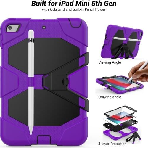 Three Layers Protection Shockproof Silicone Case with Pencil Holder and Kickstand for iPad Mini 5/Mini 4 Back Cover+Pen
