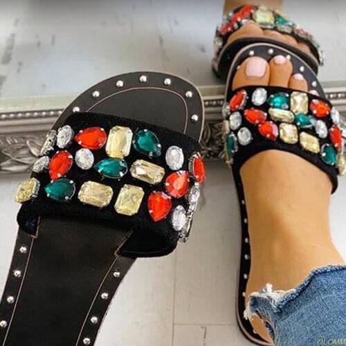 Women 2020 Summer Leather Rivet rhinestone slippers Roman style flat bottom slippers Wild outdoor trend Female sandals Plus Size