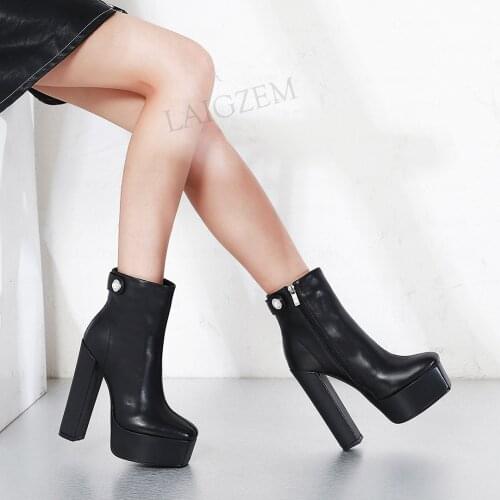LAIGZEM Women Ankle Boots Leather Side Zip Up Chunky High Heel Zip Up Black Beige Female Handmadde Shoes Woman Size 33 38 39 40