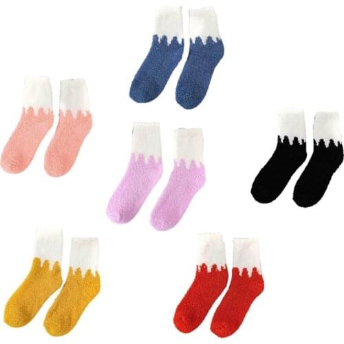 Women Winter Warm Fuzzy Slipper Socks Cute Milk Contrast Color Patchwork Coral Velvet Thick Fluffy Floor Sleep Hosiery Foot