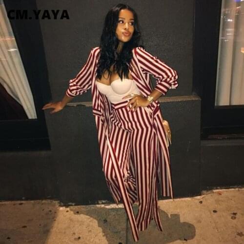 CM.YAYA Women Set Striped Full Sleeve Open Stitch X-long Coats Loose Wide Leg Pants Two 2 Piece Sets Fashion Outfit Autumn 2021