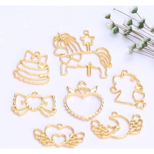 14pcs/lot unicorn star moon mix Open Bezel Metal Frame Pendant Gold Charm Bezel Setting Cabochon Setting UV Resin Charm