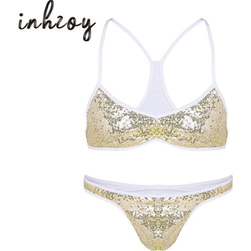 2Pcs Mens Shiny Sequins Bralette Bra Top with Briefs Sissy Cross Dresser Lingerie Set