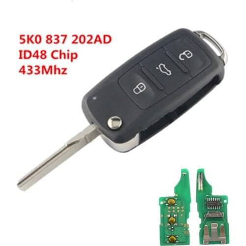 3 button car key with ID48 chip 433MHz 5K0837202AD for VW/VOLKSWAGEN Beetle/Caddy/Eos/Golf/Jetta/Polo/Tiguan/Touran