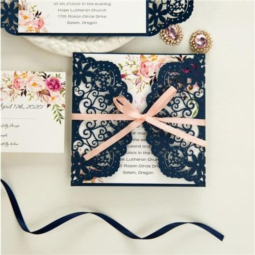 50 pieces/lot) Laser Cut Flower Navy Blue Wedding Invitation Card Personalized Print Quinceanera Invitations With RSVP IC146