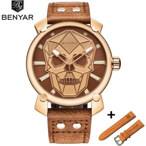 BENYAR New Creative Blue Skull Watch Mens Watches Set Luxury Fashion Leather Quartz Wristwatch Clock Men Relogio Masculino