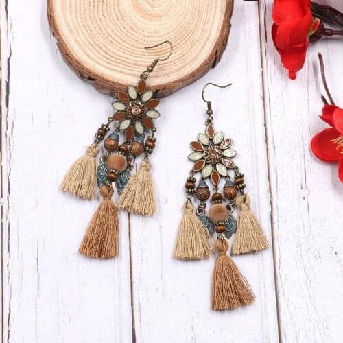 Bohemia Hot Explosions Flower Beads Fabric Tassel Earrings
