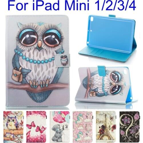 Stand Wallet Card Slot Case For Apple iPad Mini 1/2/3/4 Cover Funda Tablet Fashion Owl Skull Pattern Shell Auto Wake Up/Sleep