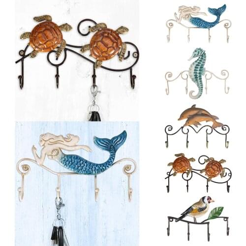 Decorative Mermaid Dolphin Wall Mount 4-Hooks Key Rack Hangers Keys Holder Rustic Home Kitchen Bathroom Mudroom Art Decors