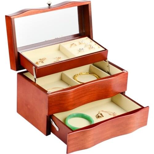 New Wooden Multi-function Jewelry Storage Boxes Case Solid Wood Earring Display Ring Necklace Packaging Three-layer Collection