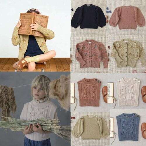 Kids Sweaters 2021 Soor Ploom Brand Vintage Girl Knitted Coats Vest New Spring Baby Cardigan Cotton Outwear Children Clothes