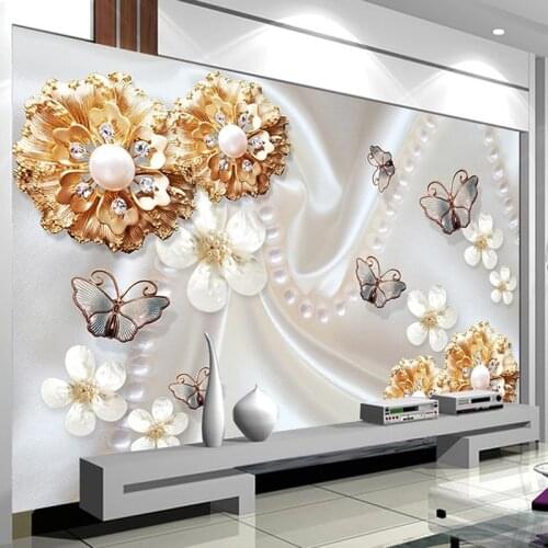 Custom Any Size 3D Photo Wallpaper Golden Jewelry Flowers Butterfly 3D Living Room TV Background Wall Painting Mural Wall Paper
