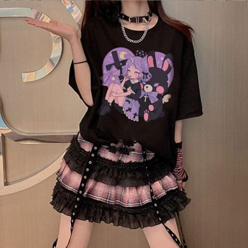 Summer Streetwear short-sleeved big size cotton Harajuku tees Y2K anime women t-shirt casual women clothing Vintage cartoon tops