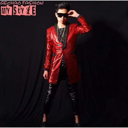 Personality Mens Red Sequins Long design Suit Costumes NightClub male singer DS DJ GD Bar show stage Costumes Accessories