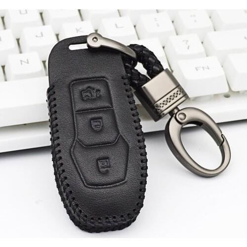 Leather Car Key Cover with Keychain for Ford Mustang 2015 Mondeo 2.0T Fusion EDGE 2013-2015 For Ford Kuga Car Accessories