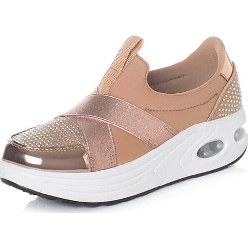 Vulcanized Women Casual Shoes Women Rhinestone Thick Bottom Mesh Rocking Shoes Ladies Wedge Platform Slip-On Sneaker