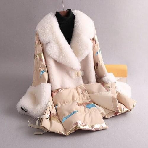 Winter New Cashmere Collar Duck Down Coat Thick Warm Womens Real Fur Fashion Splicing Jacket Female Printed Warm Clothing