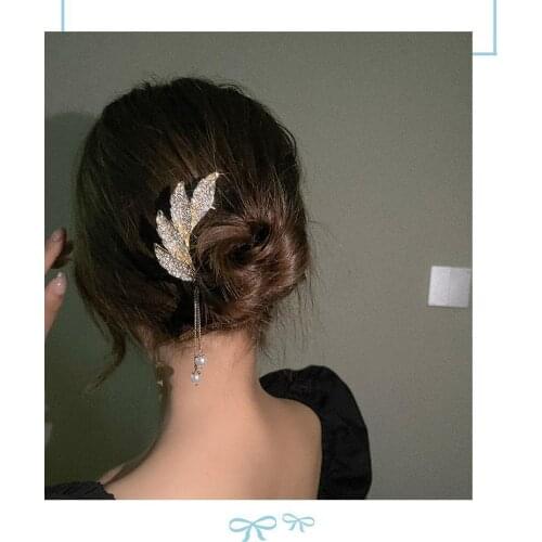 Metal Hair Sticks Women Rhinestone Leaf Hair Pin Clip Hairpins Chopstick Headwear Bridal Wedding Pearl Tassel Jewelry Accessorie