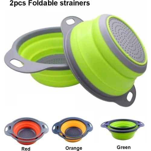 2 Pieces Collapsible Colanders Set Silicone Kitchen Fruit Vegetable round Baskets Folding Strainers Kitchen Accessories