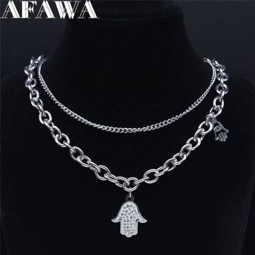 2PCS Hip Hop Crystal Stainless Steel Islam Hamsa Hand Layer Necklace Silver Color Necklace Men/Women Jewelry joyeria NXHYB199