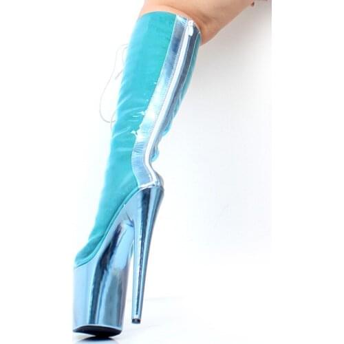Sexy Peep Toe Party Nightclub Knee-High Boots Women Metallic Blue 20CM Super High Spike Heel Platform Lace-Up Boots 2019 New