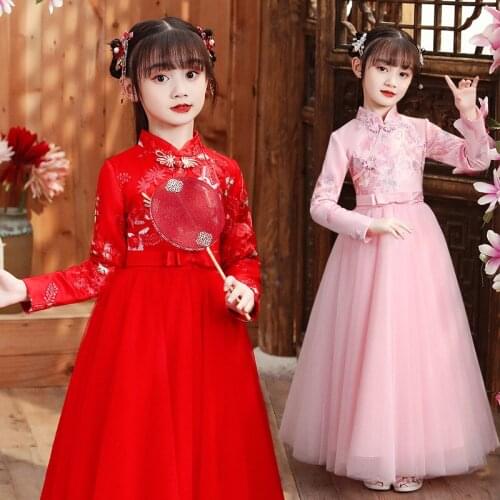 Lovely Chinese Girl Embroidery Cheongsam Dress Princess Ball Gown Flower Girl Long Dress Kids New Year gift Party Evening Dress