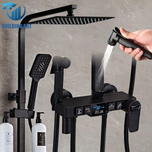 New Black Thermostatic Digital Display Shower Faucet Bathroom Faucet Rain Shower Mixer Crane Bidet Faucet Hydropower Shower Set