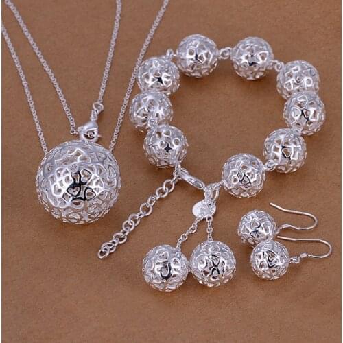 Wedding Women jewelry exquisite hollow ball pendant necklace bracelets Earrings set fashion silver color jewelry Set S110