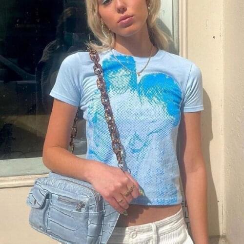 Y2K Women Summer Crop Tops Adults Sexy Figure Print Short Sleeve Round Neck T-shirt for Daily Wear Street Vacation Club