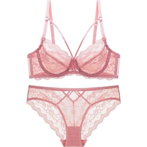Women Lace Lingerie Bra Set Ultra Thin Transparent Plus Size Underwear Lace Bralette Set Solid Color