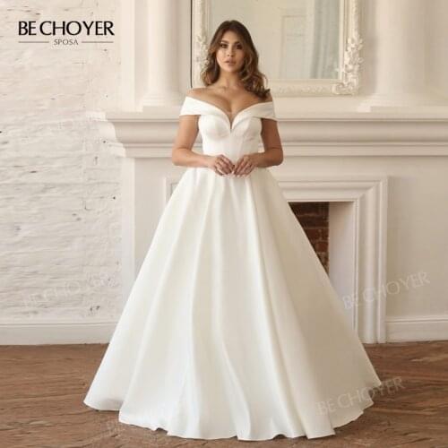 Wedding Dress Off Shoulder A-Line Sweetheart Sleeveless Beach Lace Up Princess Bride Gown 2022 BECHOYER LY09 Vestido de Noiva