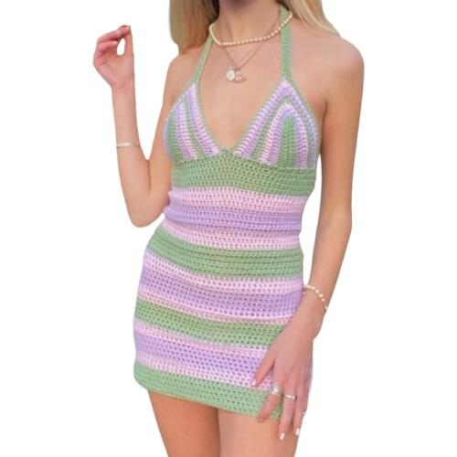 Women Knitted Slip Dress Summer Ladies Striped Pattern Deep V-Neck Sexy Sleeveless Halter Dress Purple Orange