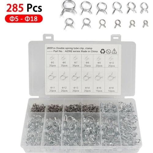 285 Pcs Hose Clamp Metal Double Wire Fuel Line Hose Tube Clamp Spring Clips Assortment Kit Hose Clamp
