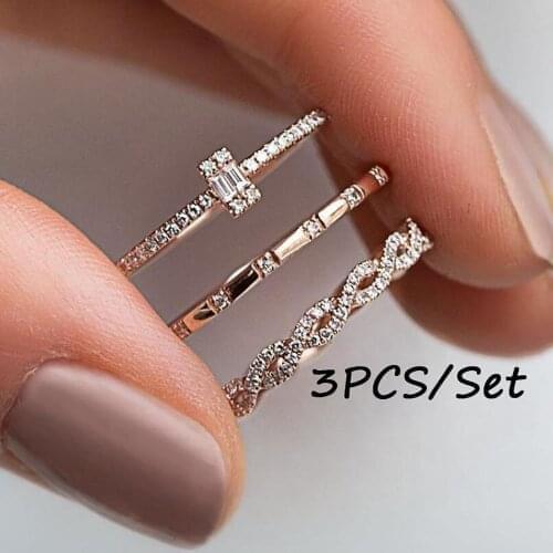 3 Pcs/set Charm Lady Ring Cocktail Party Finger Jewelry Micro Inlaid CZ Stone Shiny Ring Female Wedding Anniversary Rings