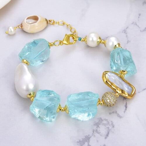 Cultured White Keshi Pearl Biwa Pearl gold color plated Blue Glass Rough Bracelet 8" handmade
