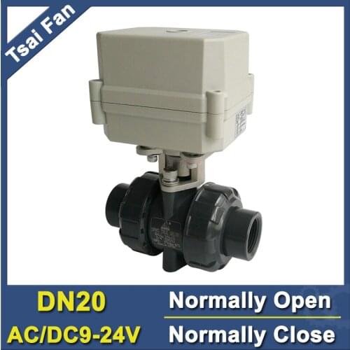 TF20-P2-C UPVC DN20 BSP / NPT 3/4'' Electric Normal Open Valve Normal Close Valve AC/DC9V-24V 10NM On/Off 15 Sec Metal Gear
