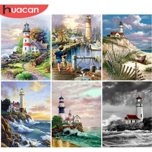 HUACAN 5D Full Drill Square Diamond Embroidery Lighthouse Art Rhinestone DIY Diamond Painting Landscape Handicraft Home Decor