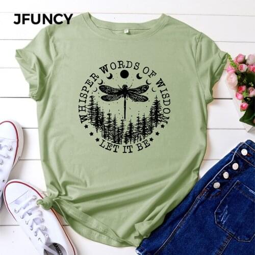 JFUNCY Plus Size Womens T-shirts 100% Cotton Short Sleeve Women Summer Tops Dragonfly Print Lady Casual T Shirt Female Tees