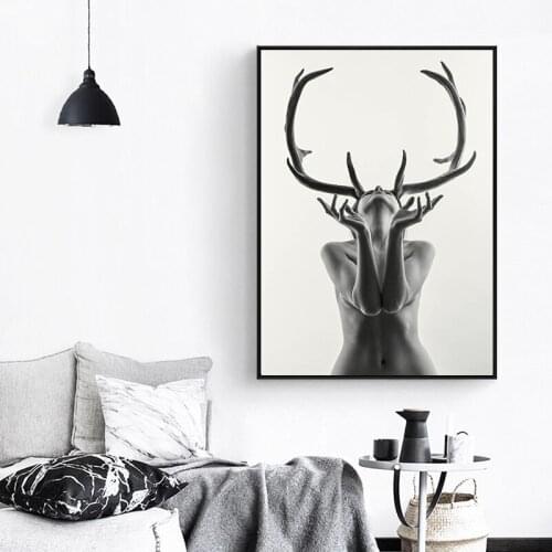 Canvas Painting Wall Art Print Anime Poster Nordic Simple Black and White Antlers Woman Model Abstract Picture for Home Decor