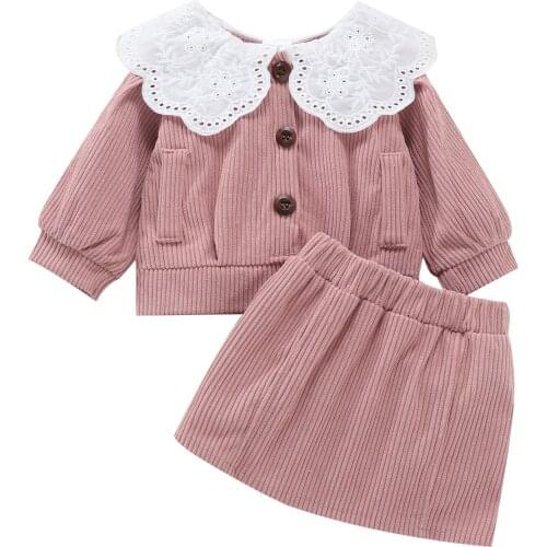 New 2 Pcs Infant Ribbed Outfits, Baby Girls Button-down Ruffled Collar Long Sleeve Cardigan + Skirt