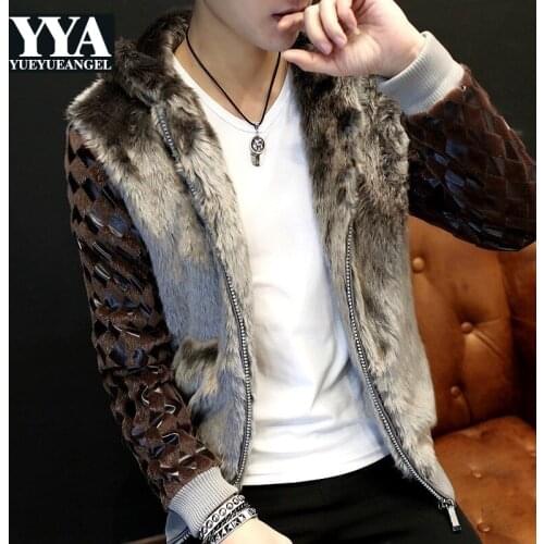 Winter Patchwork Faux Fur Mens Hooded Jackets Rib Casual Fashion Sleeve Zipper Fly Slim Fit Male Thick Short Coats Plus Size