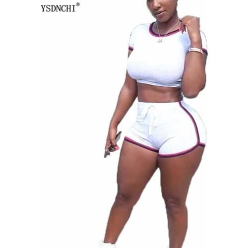 YSDNCHI Summer Casual Sportswear Womens 2 Pieces Sets Crop Tops Women Suits Solid Ladies Elastic Waist Sporty Shorts