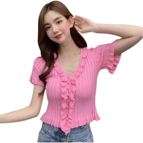 Summer Women Solid V-Neck T-Shirt Women Button Ruffled Korean Style Short Section Knitted Short Sleeved Tee Tops Blouse